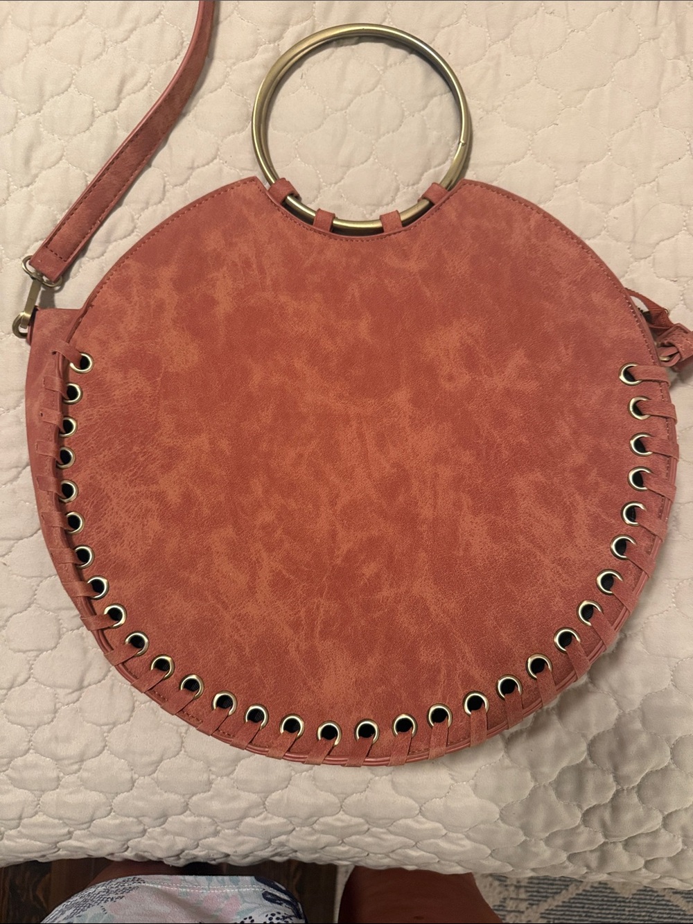 Anthropologie Coral Round Crossbody with Gold Ring Handle